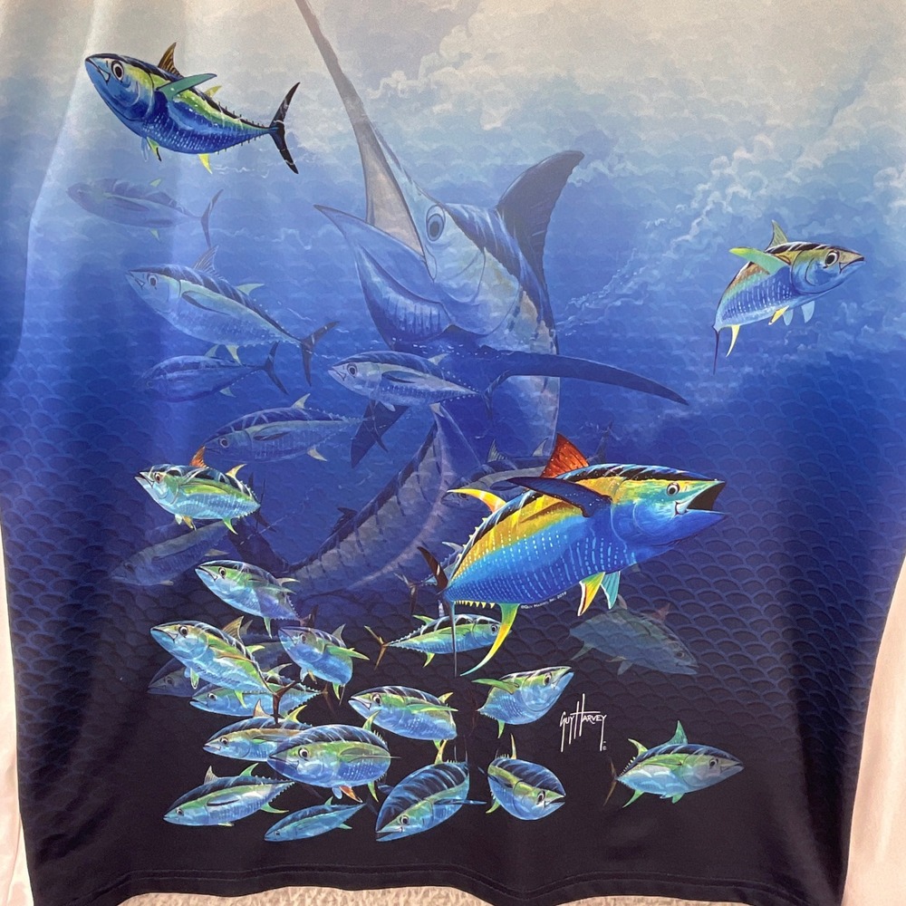 Guy Harvey Performance Shirt Mens Medium Blue Ombre Fish Graphic‎ Tee